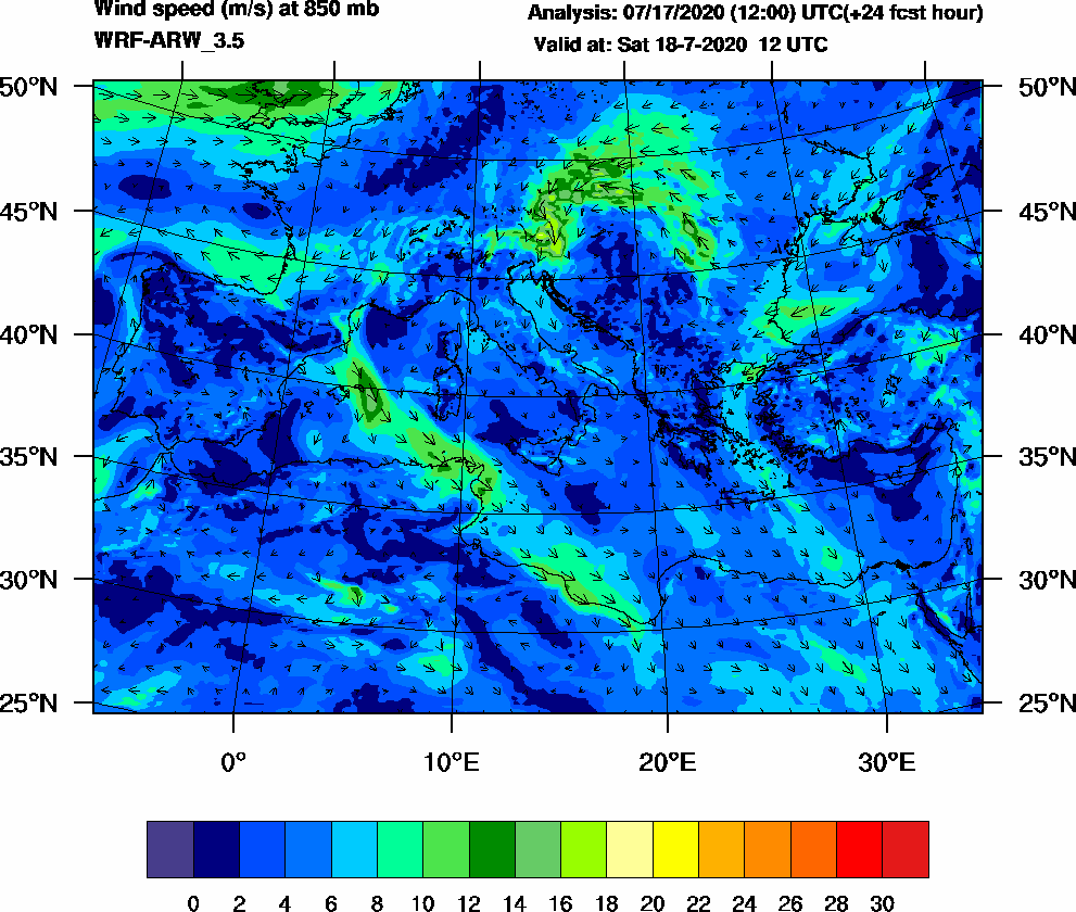 Wind speed (m/s) at 850 mb - 2020-07-18 12:00