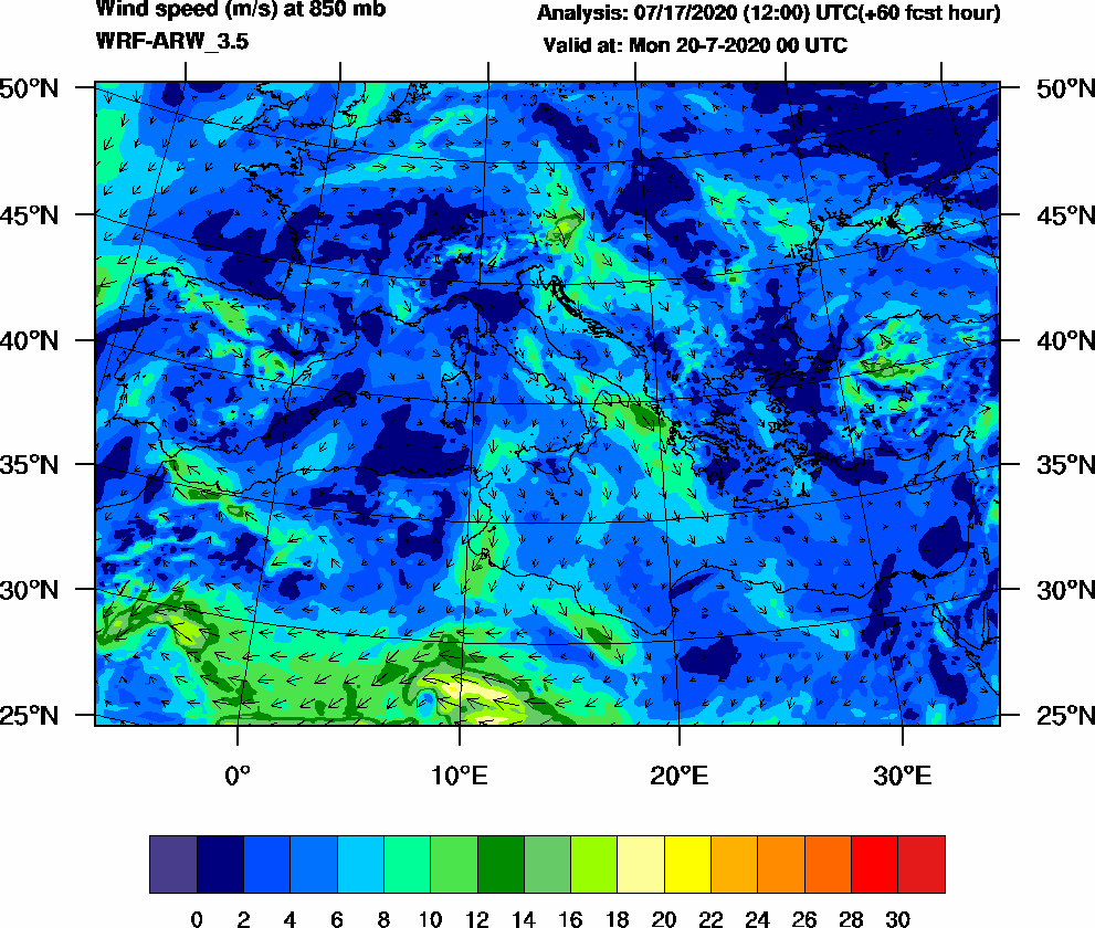 Wind speed (m/s) at 850 mb - 2020-07-20 00:00