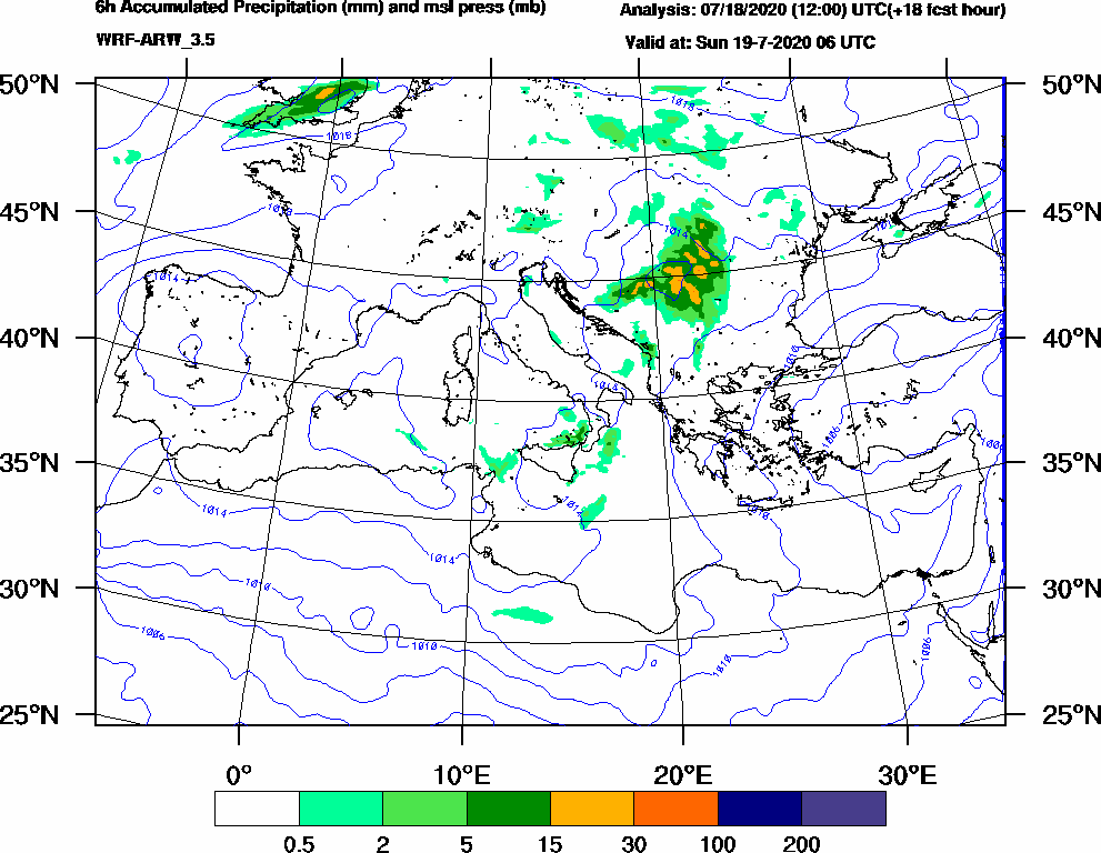 6h Accumulated Precipitation (mm) and msl press (mb) - 2020-07-19 00:00