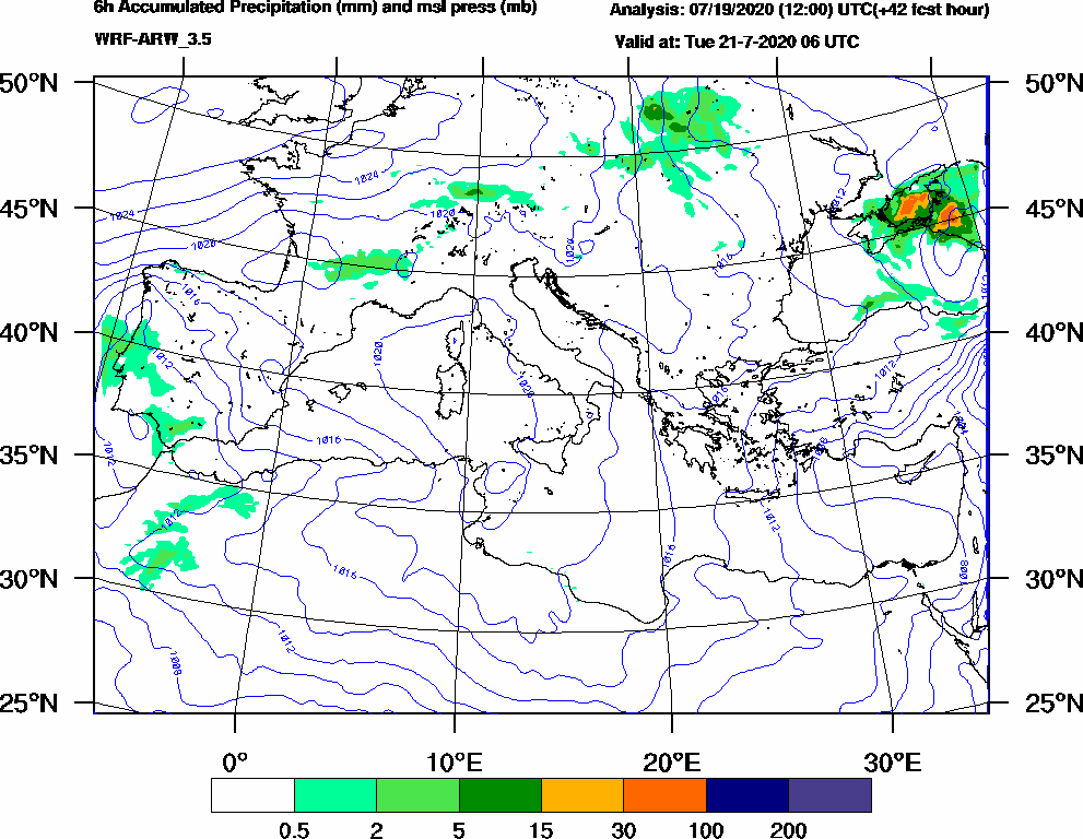 6h Accumulated Precipitation (mm) and msl press (mb) - 2020-07-21 00:00