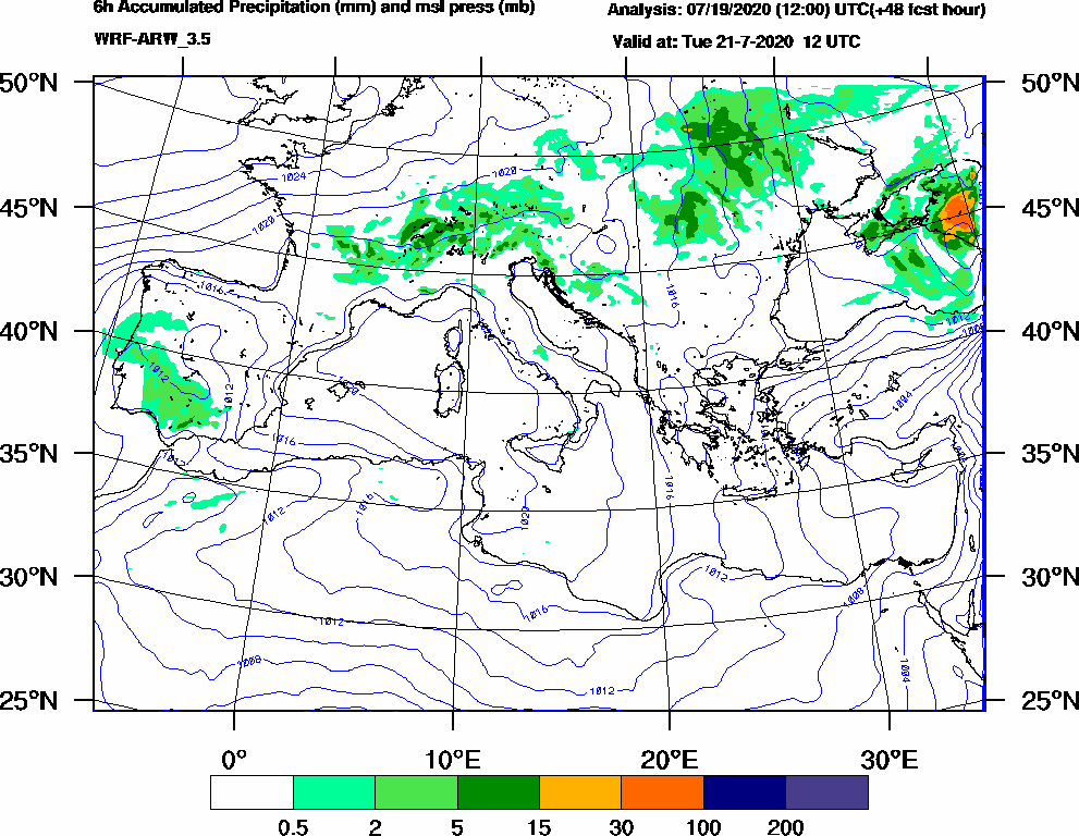 6h Accumulated Precipitation (mm) and msl press (mb) - 2020-07-21 06:00