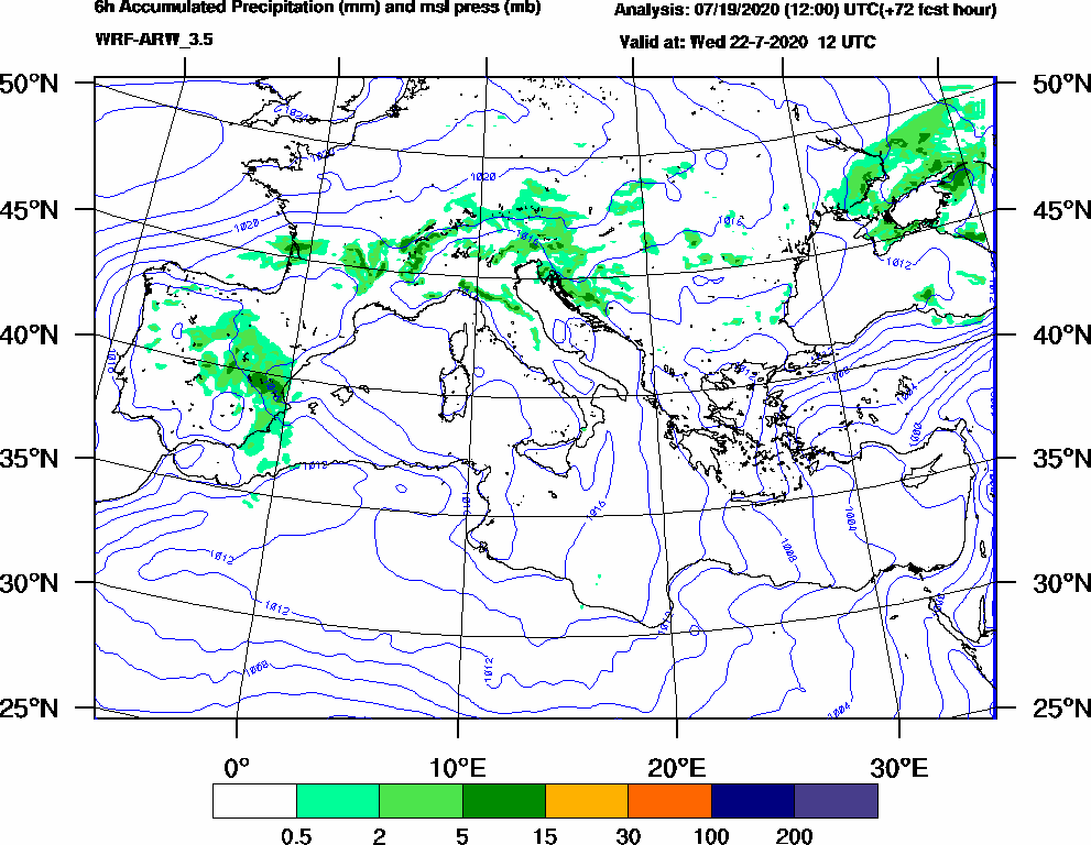 6h Accumulated Precipitation (mm) and msl press (mb) - 2020-07-22 06:00
