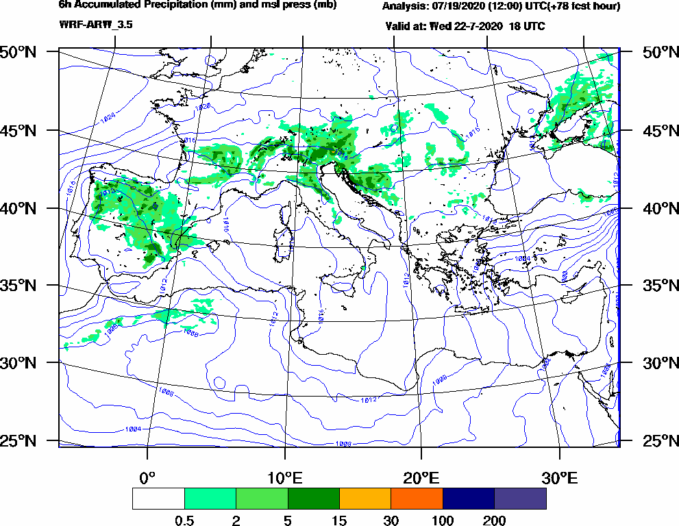 6h Accumulated Precipitation (mm) and msl press (mb) - 2020-07-22 12:00