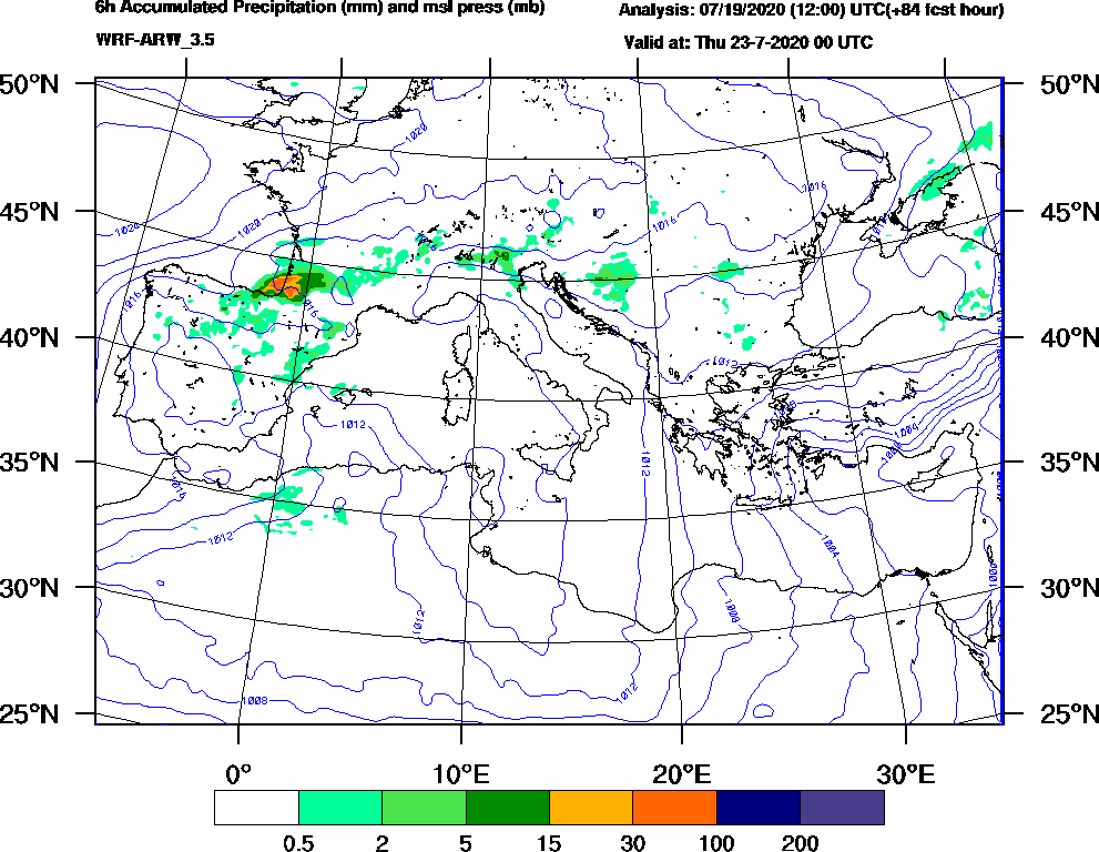 6h Accumulated Precipitation (mm) and msl press (mb) - 2020-07-22 18:00