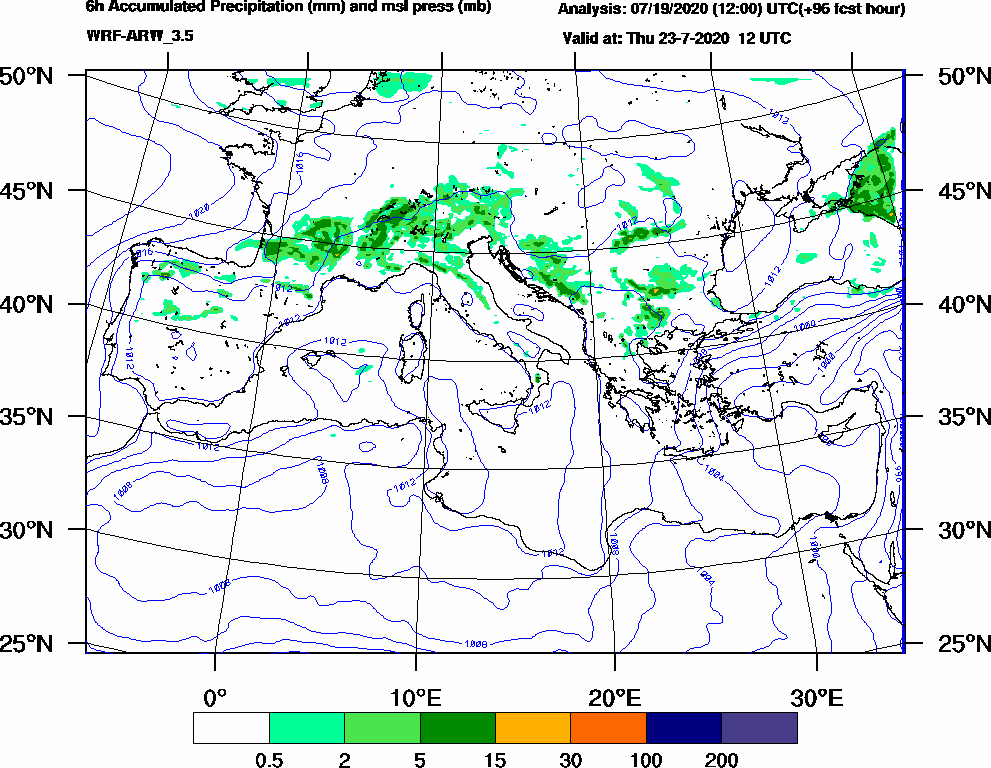 6h Accumulated Precipitation (mm) and msl press (mb) - 2020-07-23 06:00