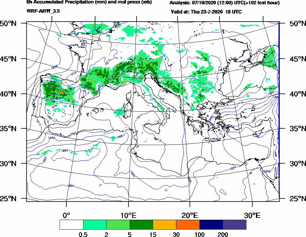 6h Accumulated Precipitation (mm) and msl press (mb) - 2020-07-23 12:00