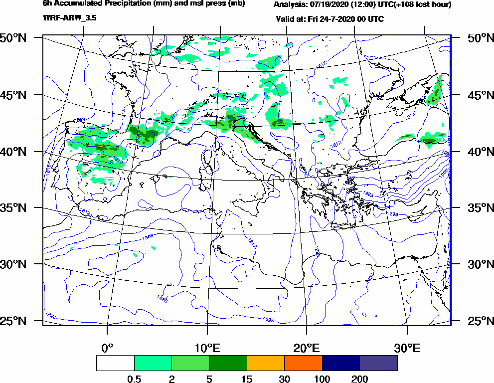 6h Accumulated Precipitation (mm) and msl press (mb) - 2020-07-23 18:00