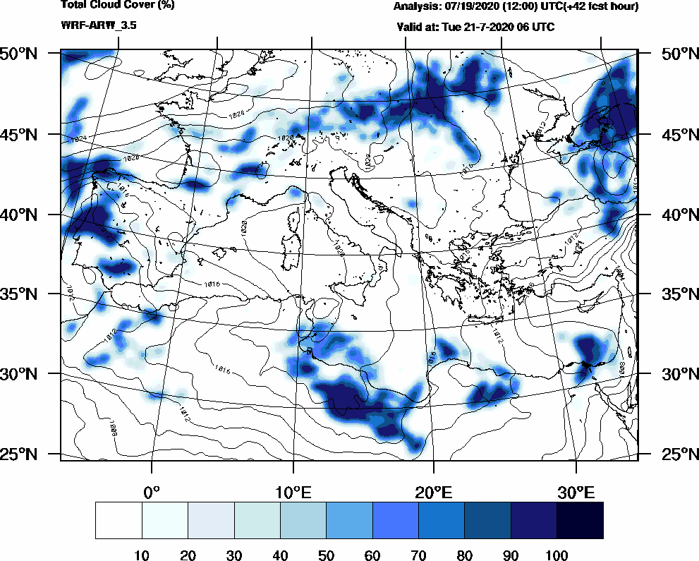 Total cloud cover (%) - 2020-07-21 00:00