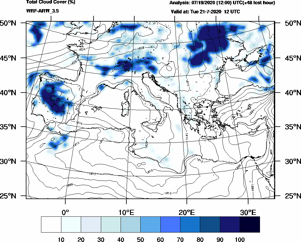 Total cloud cover (%) - 2020-07-21 06:00