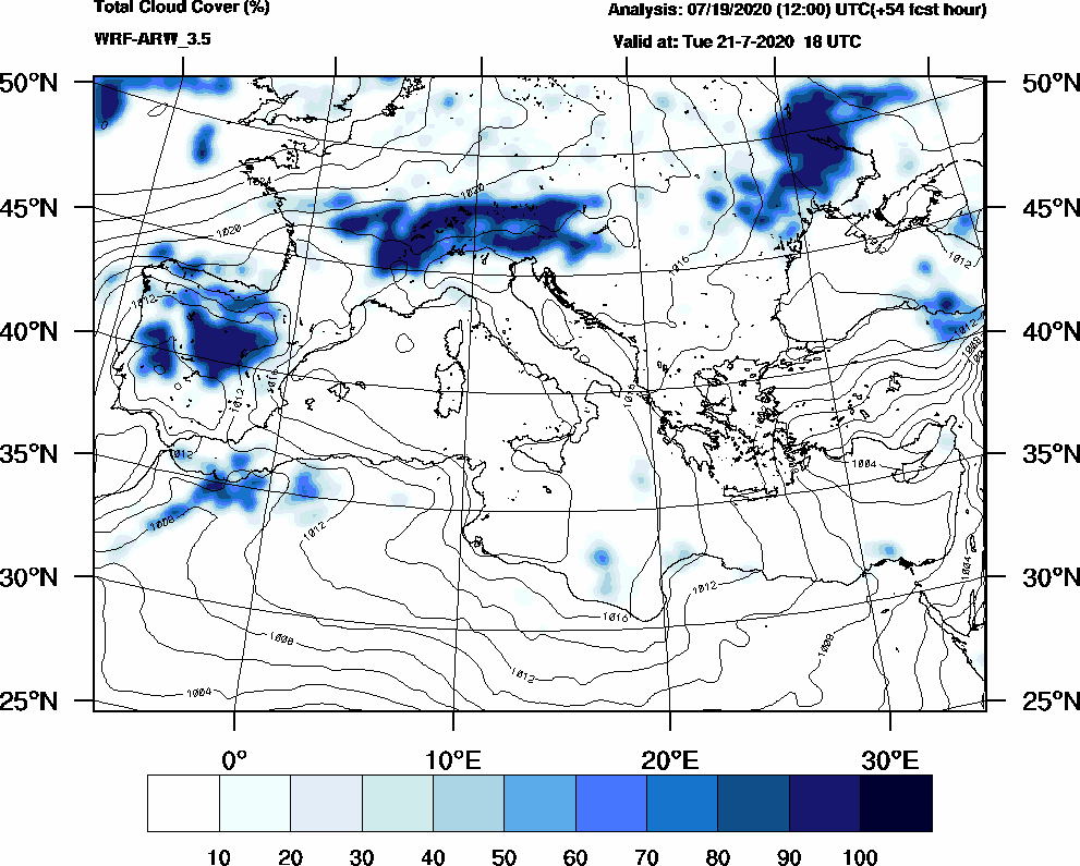 Total cloud cover (%) - 2020-07-21 12:00