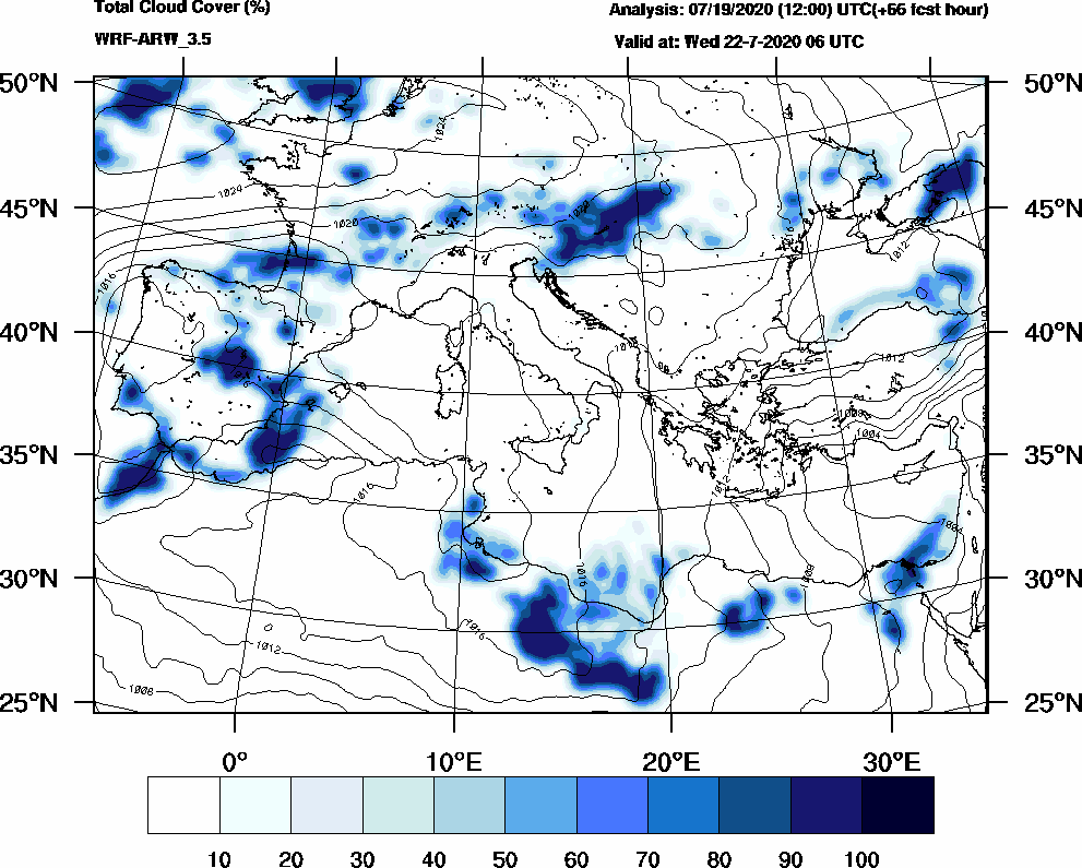 Total cloud cover (%) - 2020-07-22 00:00