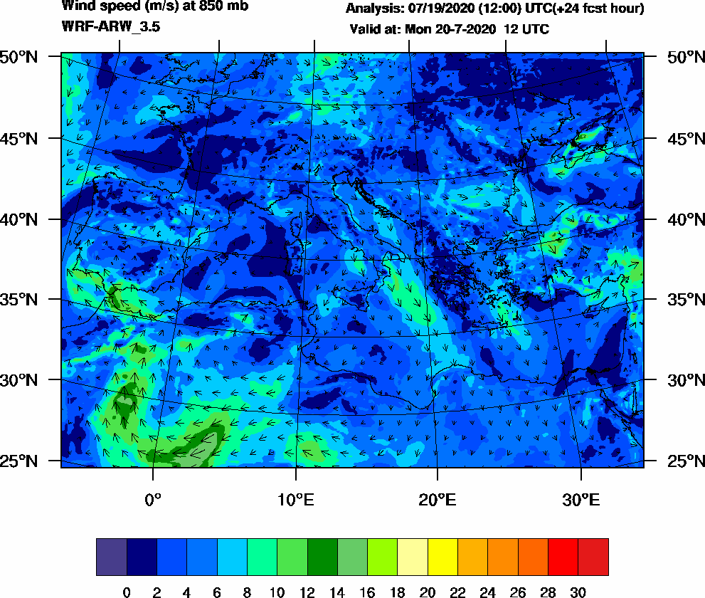 Wind speed (m/s) at 850 mb - 2020-07-20 12:00