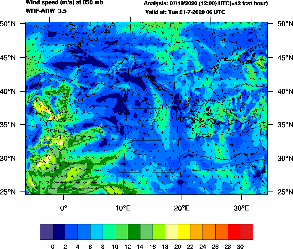 Wind speed (m/s) at 850 mb - 2020-07-21 06:00