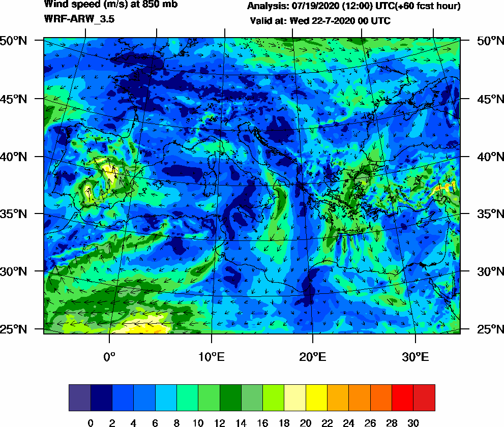 Wind speed (m/s) at 850 mb - 2020-07-22 00:00