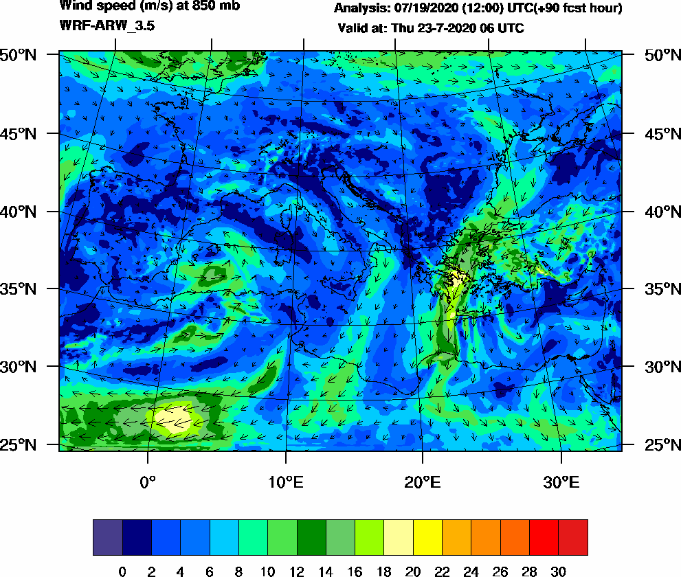 Wind speed (m/s) at 850 mb - 2020-07-23 06:00