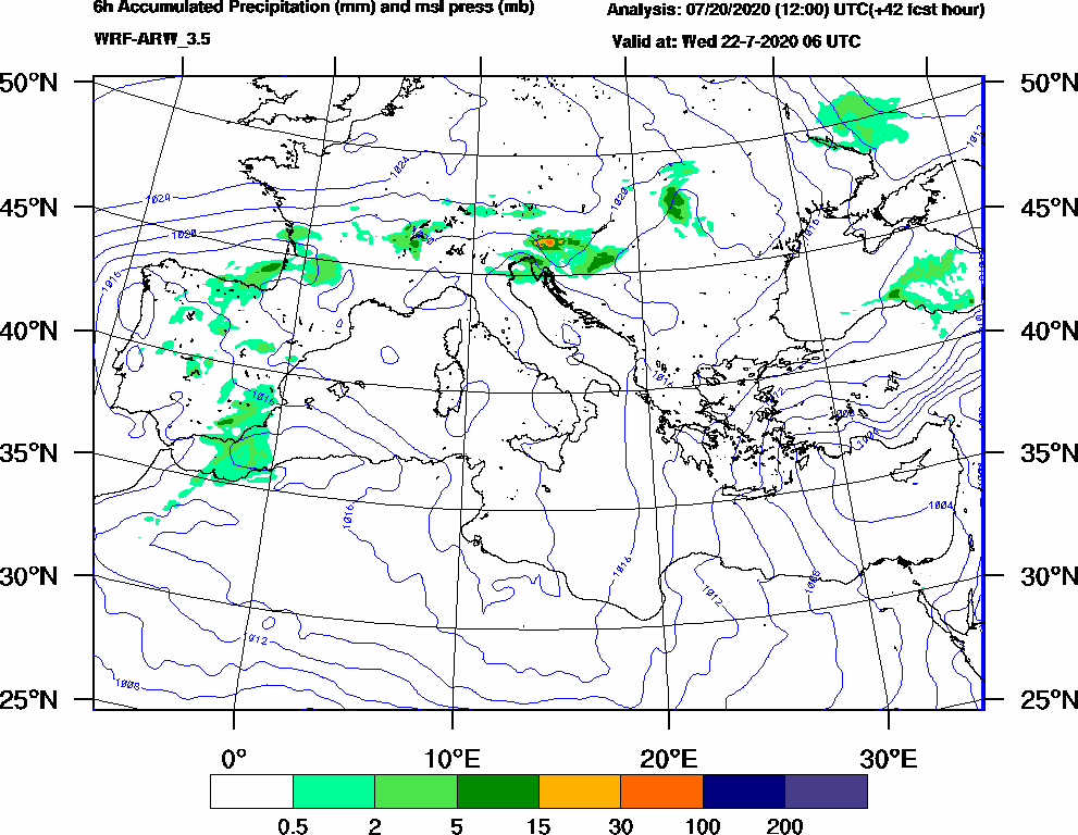6h Accumulated Precipitation (mm) and msl press (mb) - 2020-07-22 00:00