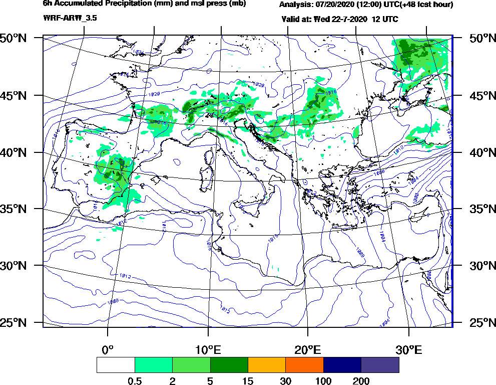 6h Accumulated Precipitation (mm) and msl press (mb) - 2020-07-22 06:00