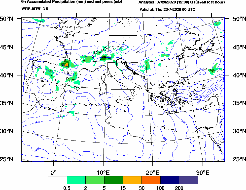 6h Accumulated Precipitation (mm) and msl press (mb) - 2020-07-22 18:00