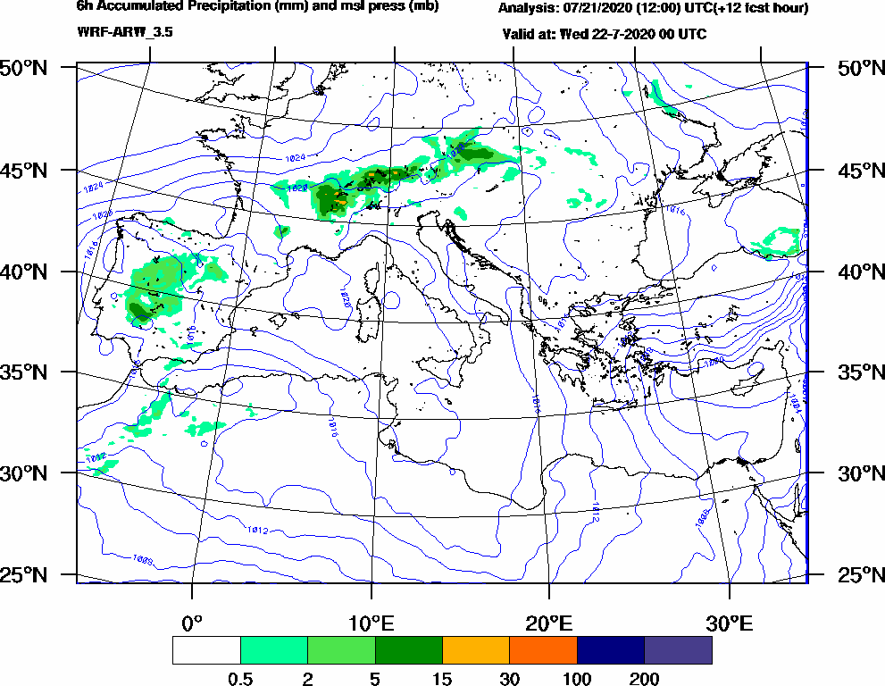 6h Accumulated Precipitation (mm) and msl press (mb) - 2020-07-21 18:00