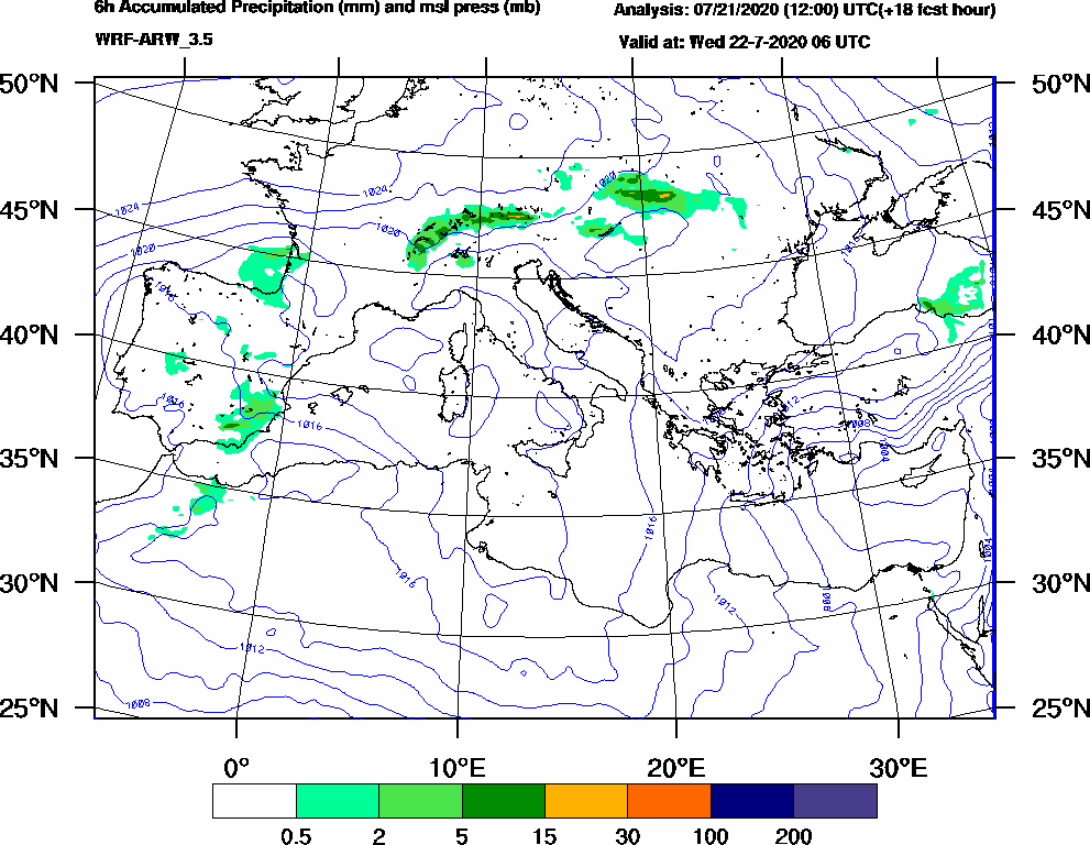 6h Accumulated Precipitation (mm) and msl press (mb) - 2020-07-22 00:00
