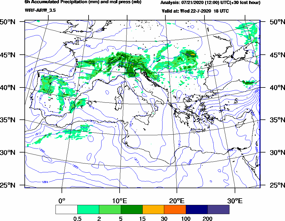 6h Accumulated Precipitation (mm) and msl press (mb) - 2020-07-22 12:00