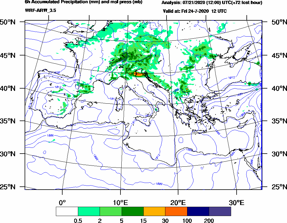 6h Accumulated Precipitation (mm) and msl press (mb) - 2020-07-24 06:00