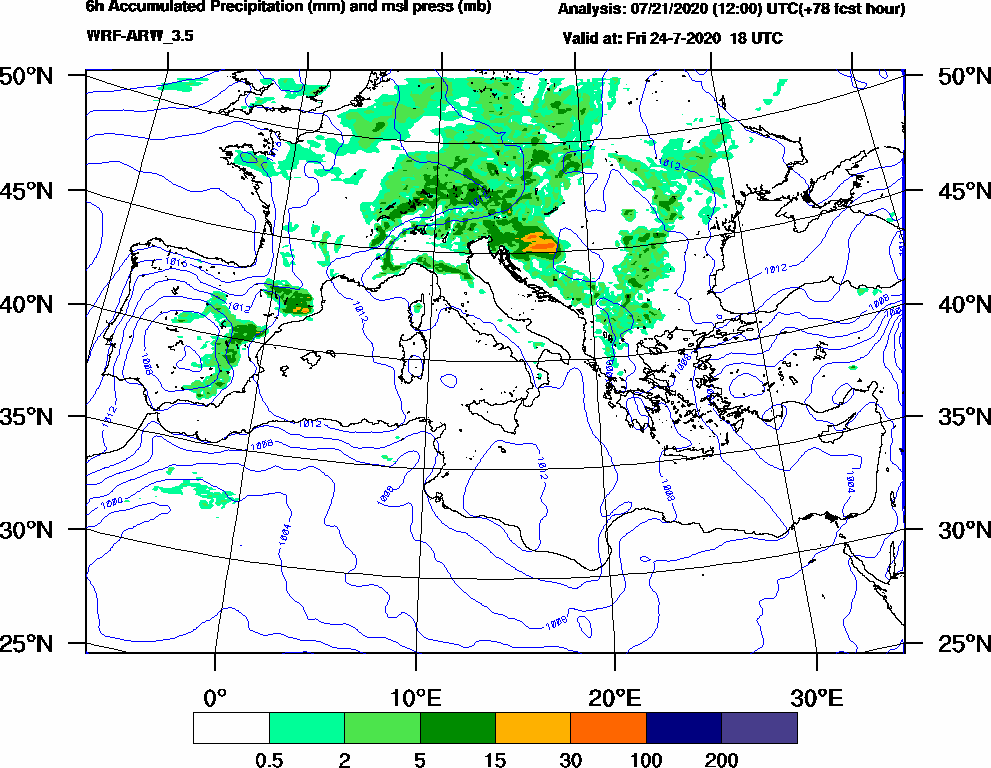 6h Accumulated Precipitation (mm) and msl press (mb) - 2020-07-24 12:00