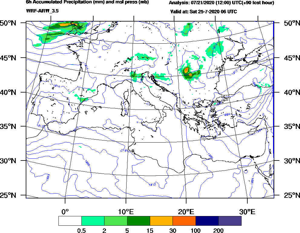 6h Accumulated Precipitation (mm) and msl press (mb) - 2020-07-25 00:00
