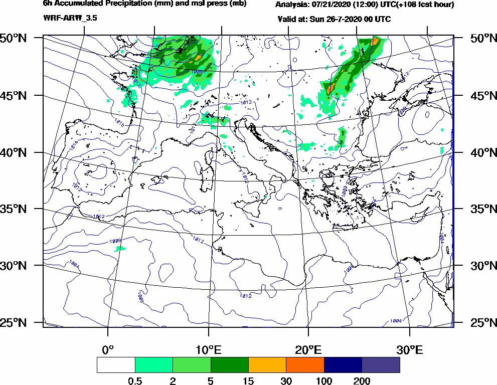 6h Accumulated Precipitation (mm) and msl press (mb) - 2020-07-25 18:00