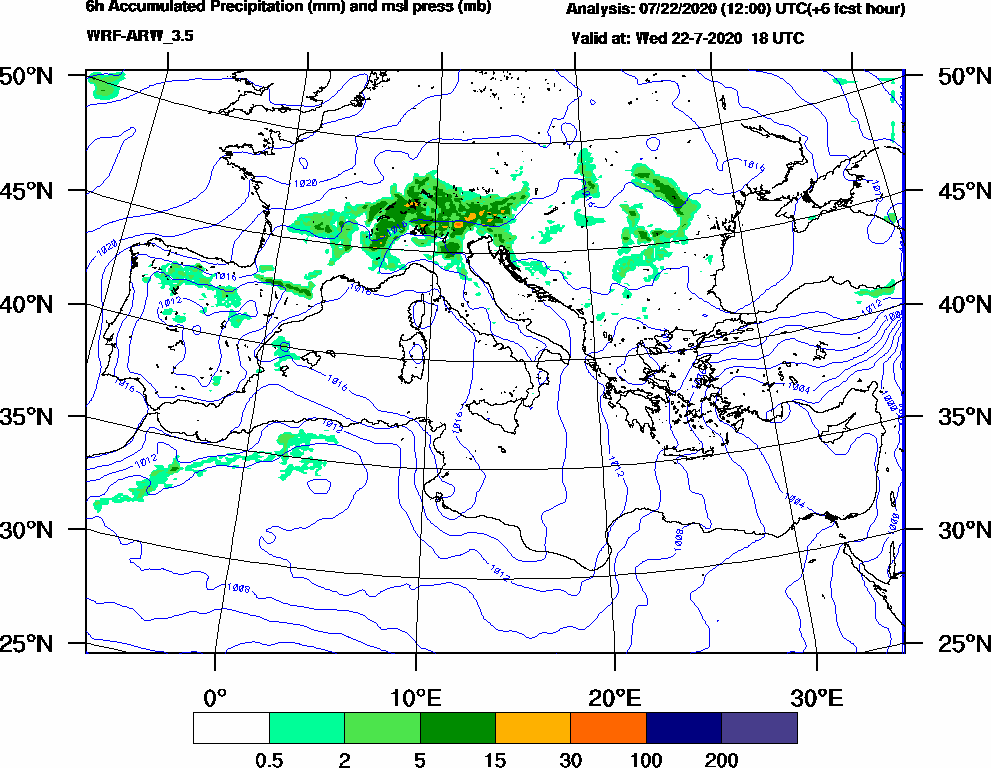 6h Accumulated Precipitation (mm) and msl press (mb) - 2020-07-22 12:00