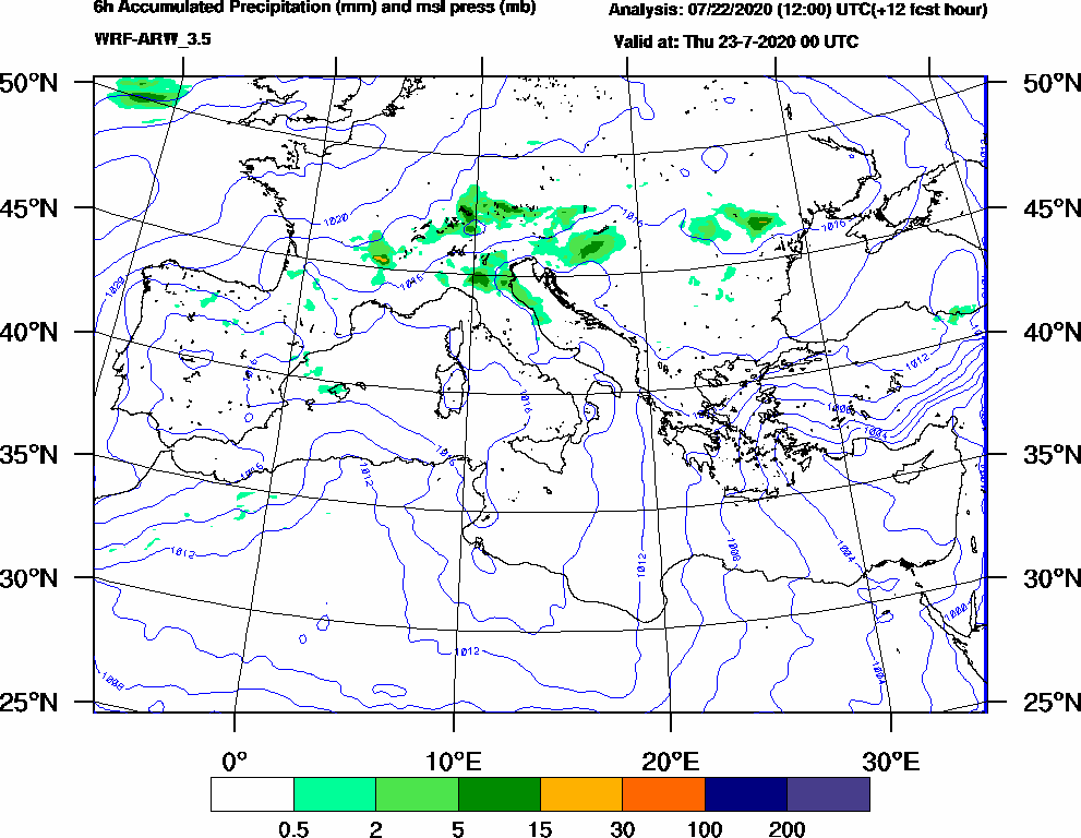 6h Accumulated Precipitation (mm) and msl press (mb) - 2020-07-22 18:00