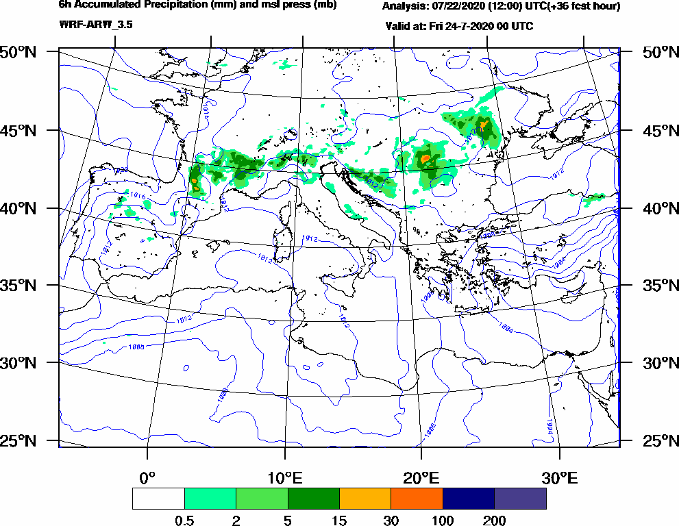 6h Accumulated Precipitation (mm) and msl press (mb) - 2020-07-23 18:00