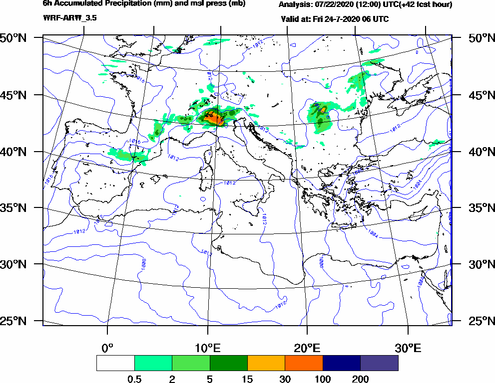 6h Accumulated Precipitation (mm) and msl press (mb) - 2020-07-24 00:00