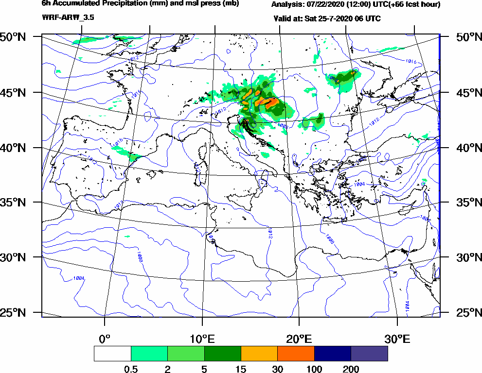 6h Accumulated Precipitation (mm) and msl press (mb) - 2020-07-25 00:00