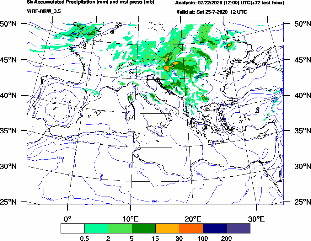 6h Accumulated Precipitation (mm) and msl press (mb) - 2020-07-25 06:00