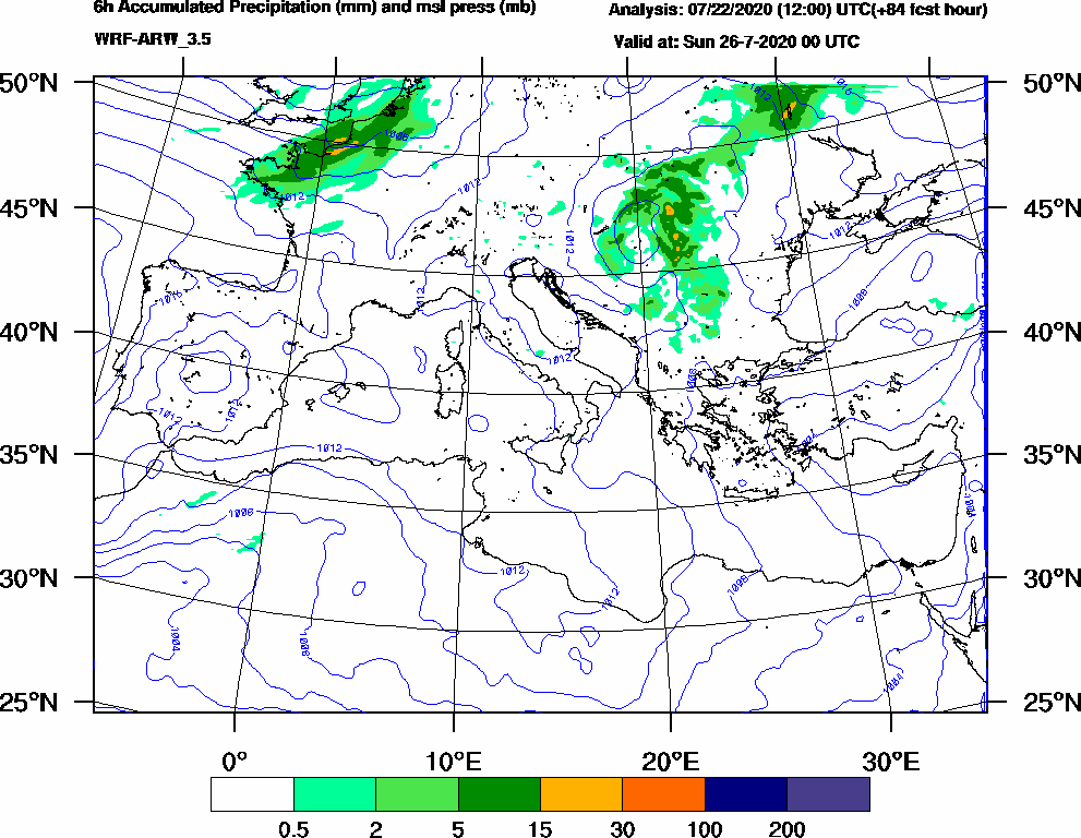 6h Accumulated Precipitation (mm) and msl press (mb) - 2020-07-25 18:00