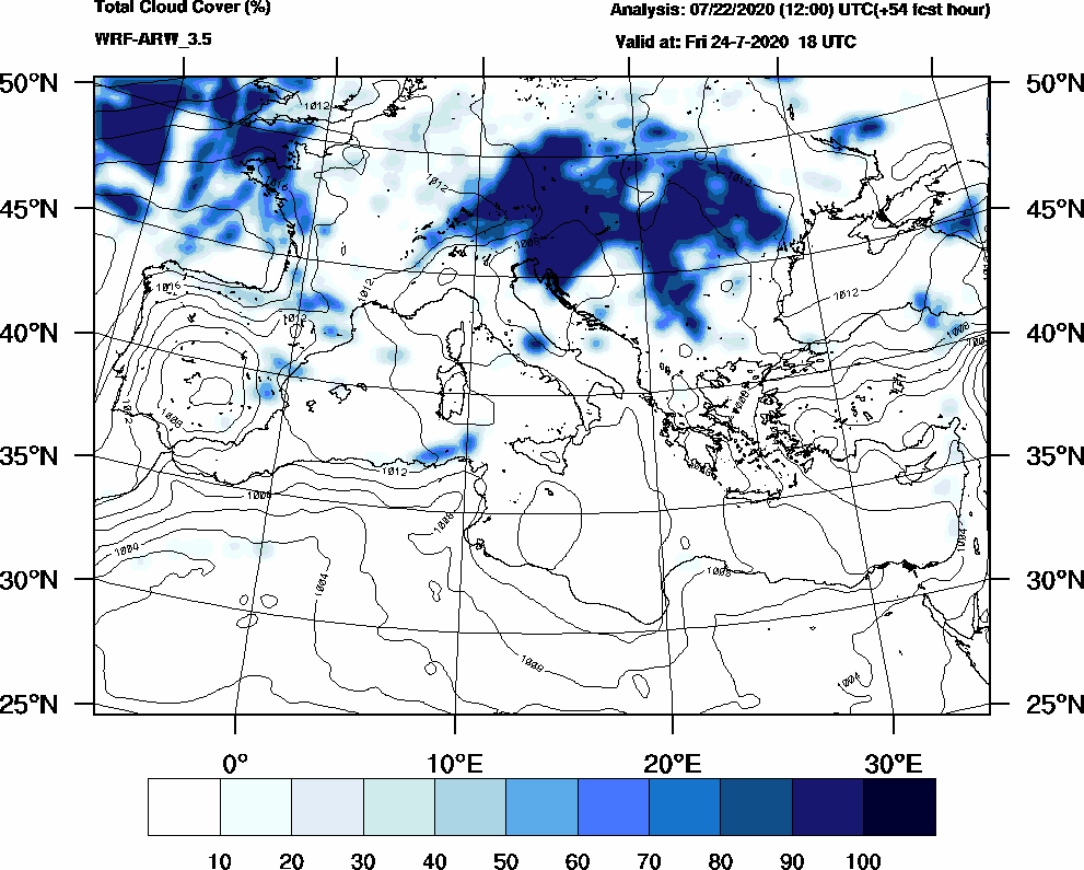 Total cloud cover (%) - 2020-07-24 12:00