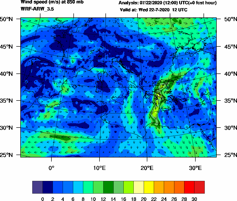 Wind speed (m/s) at 850 mb - 2020-07-22 12:00