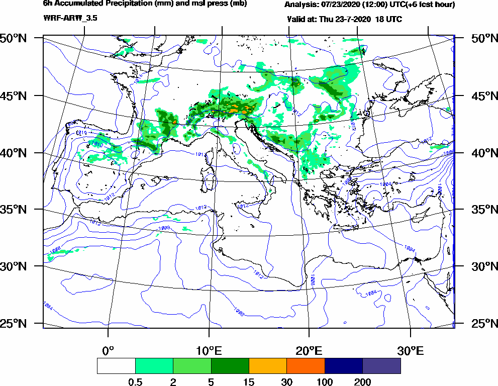 6h Accumulated Precipitation (mm) and msl press (mb) - 2020-07-23 12:00