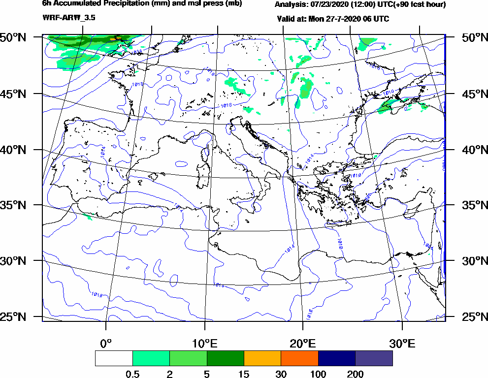 6h Accumulated Precipitation (mm) and msl press (mb) - 2020-07-27 00:00