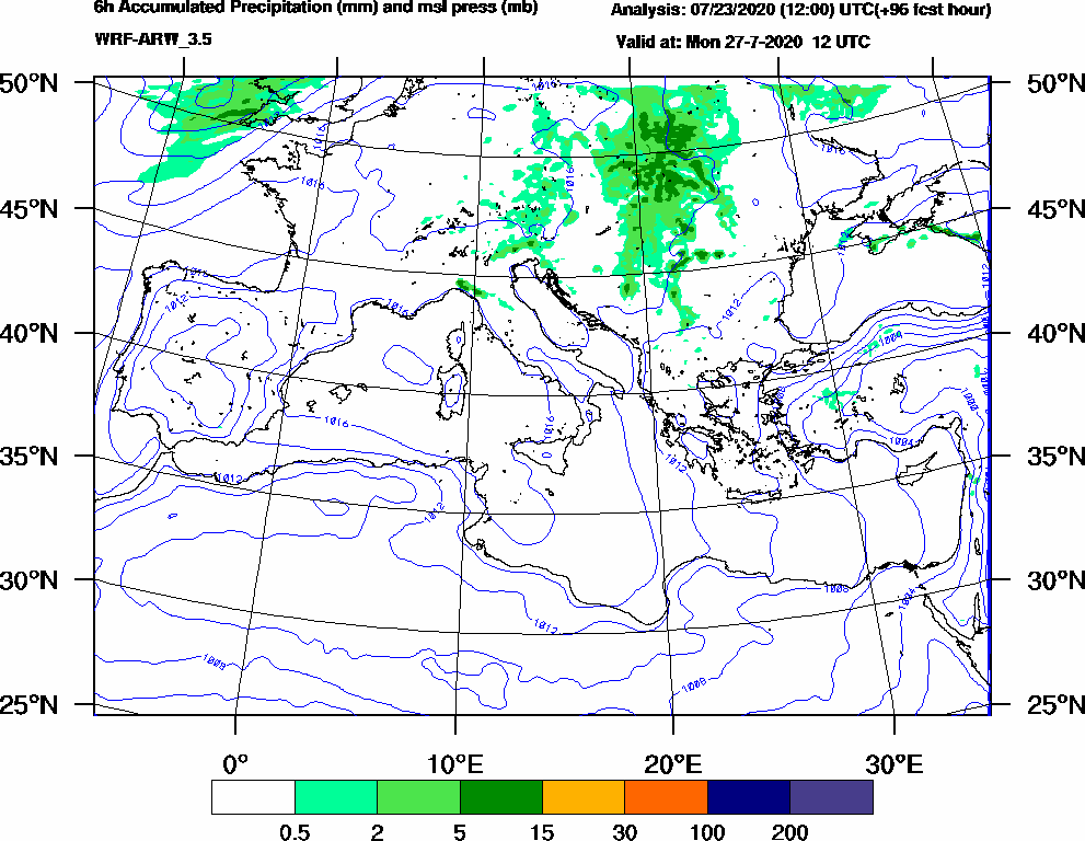 6h Accumulated Precipitation (mm) and msl press (mb) - 2020-07-27 06:00