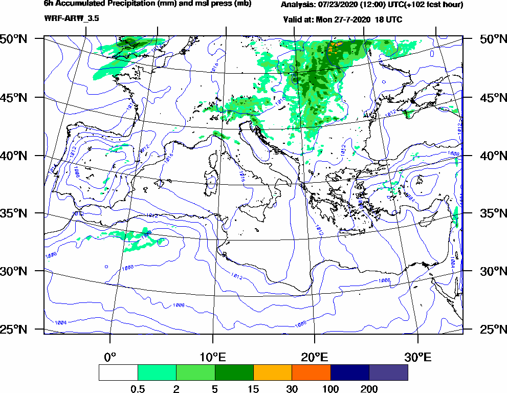 6h Accumulated Precipitation (mm) and msl press (mb) - 2020-07-27 12:00