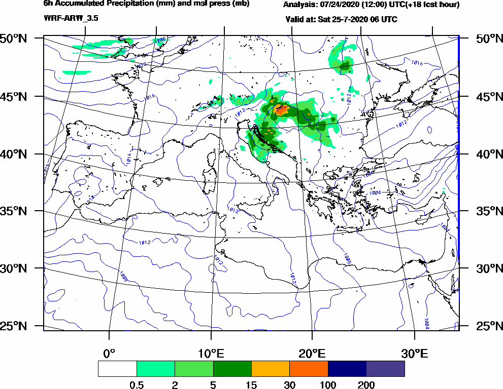 6h Accumulated Precipitation (mm) and msl press (mb) - 2020-07-25 00:00