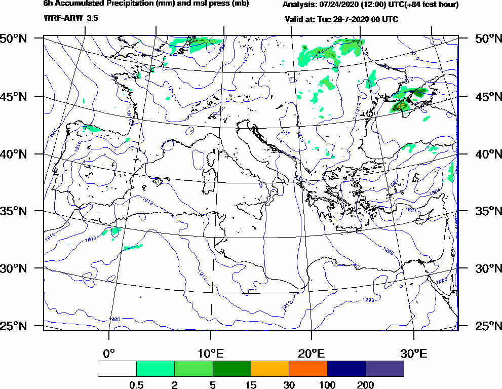 6h Accumulated Precipitation (mm) and msl press (mb) - 2020-07-27 18:00