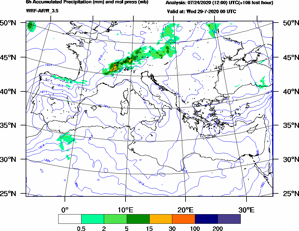 6h Accumulated Precipitation (mm) and msl press (mb) - 2020-07-28 18:00