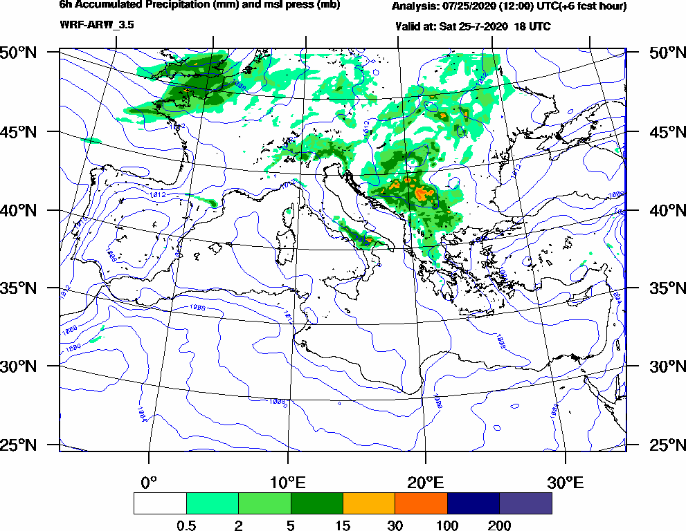 6h Accumulated Precipitation (mm) and msl press (mb) - 2020-07-25 12:00