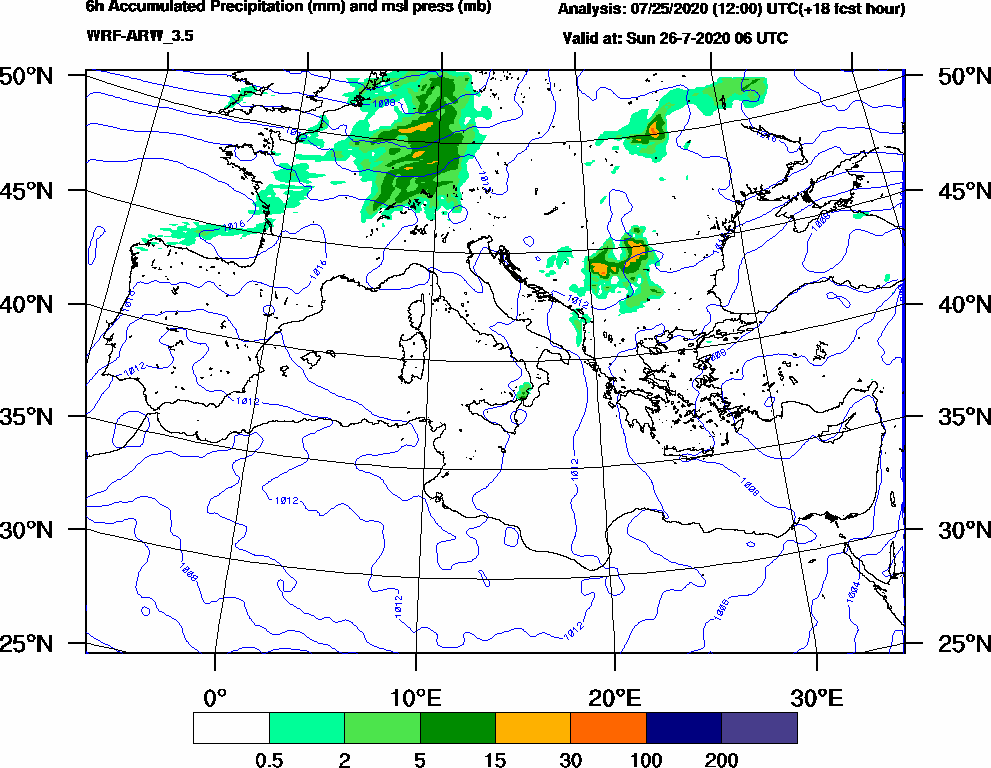 6h Accumulated Precipitation (mm) and msl press (mb) - 2020-07-26 00:00