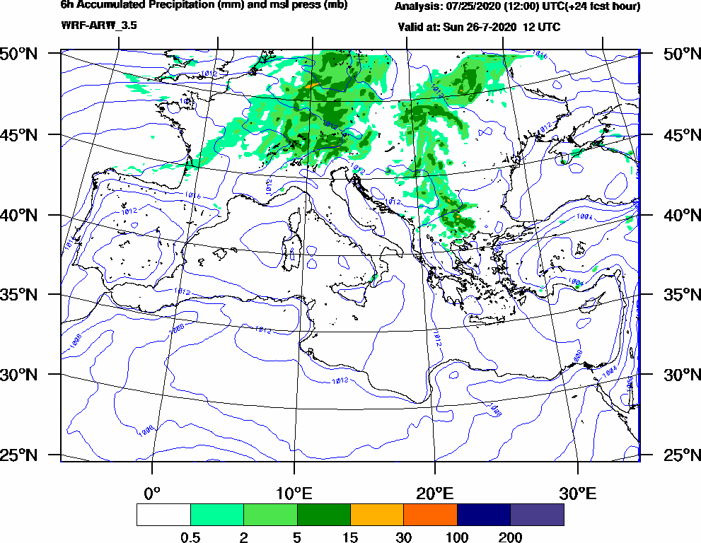 6h Accumulated Precipitation (mm) and msl press (mb) - 2020-07-26 06:00