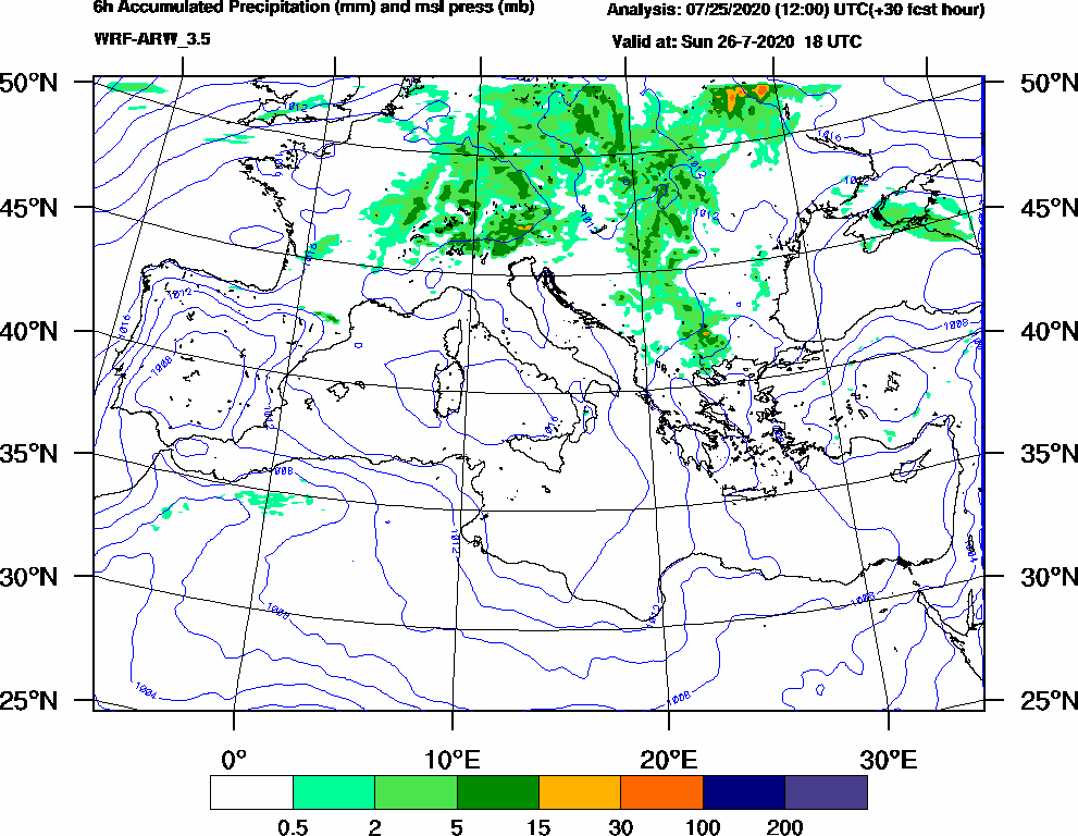 6h Accumulated Precipitation (mm) and msl press (mb) - 2020-07-26 12:00