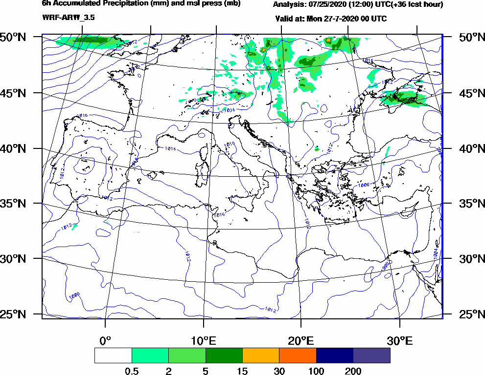 6h Accumulated Precipitation (mm) and msl press (mb) - 2020-07-26 18:00
